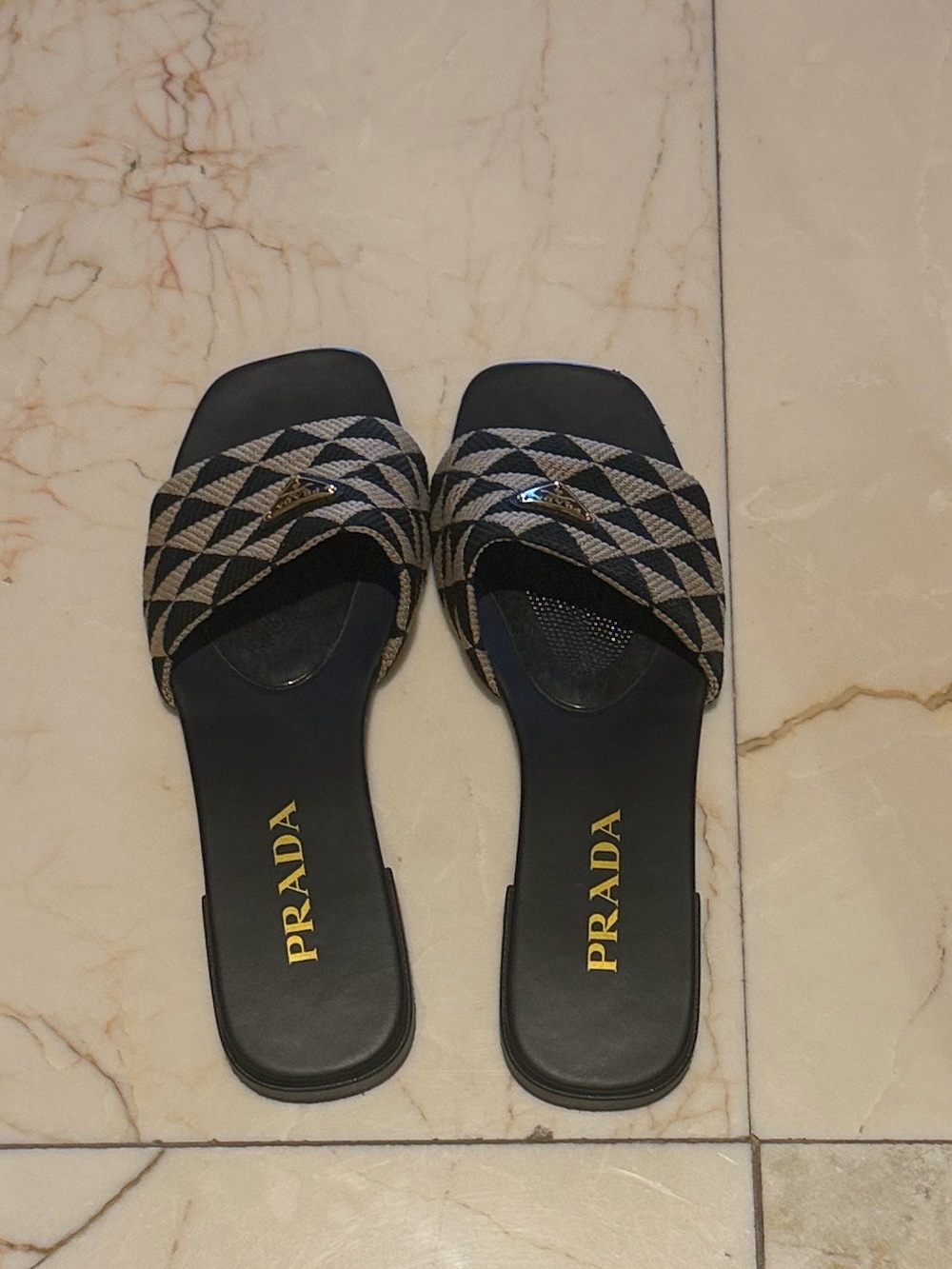 Prada Black and Beige Woven Slide Mules
